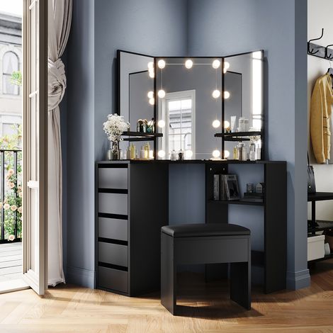 ELEGANT Corner Dressing Table, LED Vanity Makeup Desk Set with 3 Mirrors 5 Drawers, Black Bedroom Furniture Corner Curved Vanity Table with Stool (1/5)