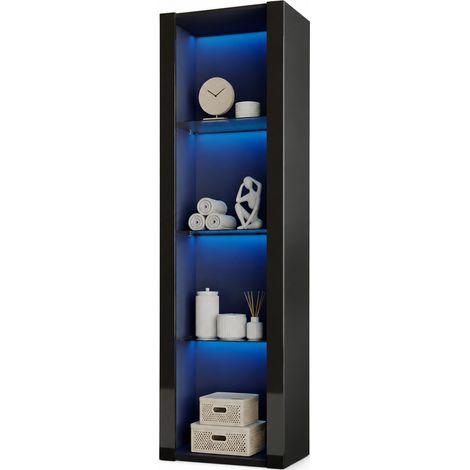 ELVMI Vitrine avec 3 Étagères en Verre et LED contrôlée par Application, Finition Brillante, Salon, Noir, 55 x 38 x 166 cm (1/5)