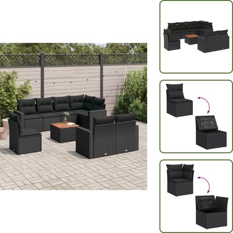 Salon de jardin 9 pcs avec coussins noir résine tressée - Salon De Jardin - Mobilier Extérieur - Set Salon - Résine Tressée - Rotin Synthétique (1/5)