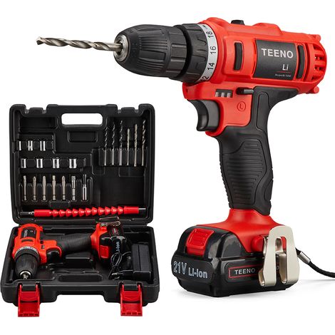 Teeno – Perceuse-visseuse sans fil 21V avec batterie 1.5Ah – 2 vitesses 550/1550 tr/min – Couple 40Nm – 22 accessoires inclus
