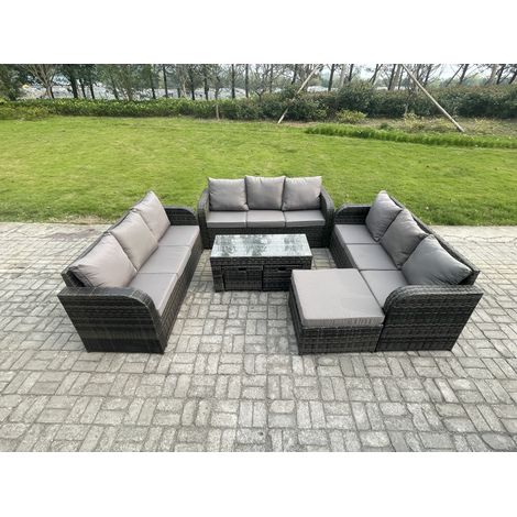 Fimous 12 places Salon de jardin Meubles de jardin avec Table basse 3 Tabourets Gris foncé mixte (1/5)