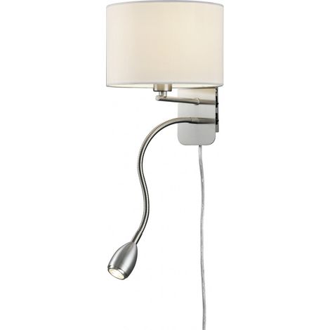 Lámpara de pared Hotel Níquel y pantalla redonda de tela blanca con luz de lectura L20 cm Trio Lighting