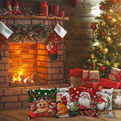 Housses de coussin de Noël 45 x 45 cm, lot de 4, housses décoratives de Noël en coton et lin pour fauteuils, jardins (1/4)