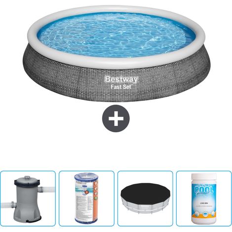 Piscine gonflable ronde Bestway à réglage rapide - Imprimé rotin - 396 x 84 cm -  Comprend des Accessoires CB51 (1/4)