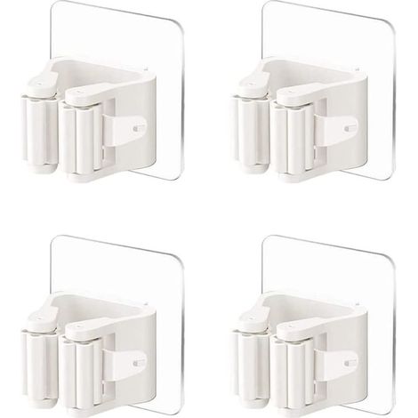 4 Pieces Self-Adhesive Wall Mounted Mop Holder Wall Mounted Broom Hanger No Drilling Broom Gripper White Mop Broom Holders Broom Hanger for Bathroom Door (1/4)