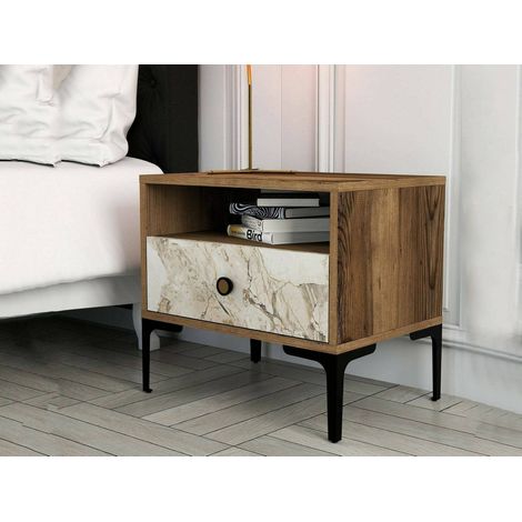 Dmora - Nachttisch Dpidon, Niedrige Kommode, Tisch, Multifunktionaler Nachttisch, 56x40h51 cm, Nussbaum und Weißer Marmor (1/5)