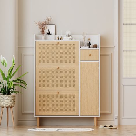 Schmaler Schuhschrank, B90xH125xT17 cm, Aufbewahrungsschrank für schmale Eingänge und Flure, Holzoptik mit 3 Klapptüren und 1 Schublade, Natur und Weiß (1/5)