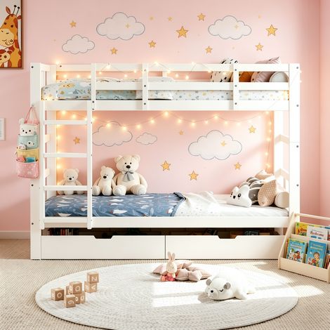 Lit superposé 90x200 cm avec 2 tiroirs, Lit enfant 2 places sommier à lattes en bois massif, Séparable en 2 lits, Barrière de sécurité, Blanc