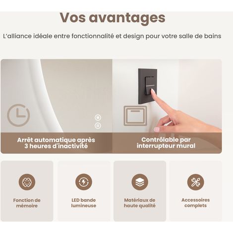 EMKE Miroir lumineux de salle de bain rétro-éclairage, miroir salle de bain asymétrique, anti-buée, interrupteur tactile, 3 couleurs de lumière dimmables, 80 x 60 cm