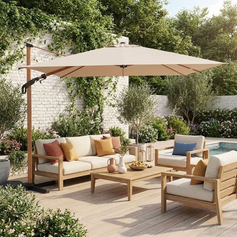 Parasol déporté ETRETAT rectangulaire beige 3x4m. mât effet bois