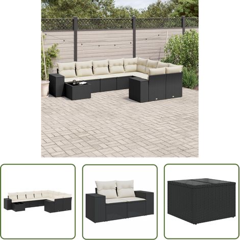 The Living Store Salon de jardin 10 pcs avec coussins noir résine tressée - Salon De Jardin - Meuble De Jardin - Set Salon - Résine Tressée - Rotin Synthétique (1/5)
