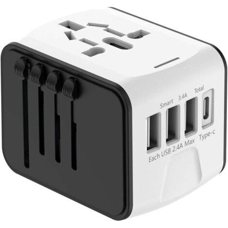 Debuns – Adaptateur de voyage universel 1500W – 3 USB et 1 Type C – Prise EU, UK, US, AU, compatible 224 pays – Double fusible pour sécurité