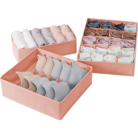 Organizzatore per cassetti della biancheria intima - Scatola organizer per biancheria intima - Salvaspazio, pieghevole - Set da tre pezzi - Adatto per armadi e cassetti - Rosa (1/2)