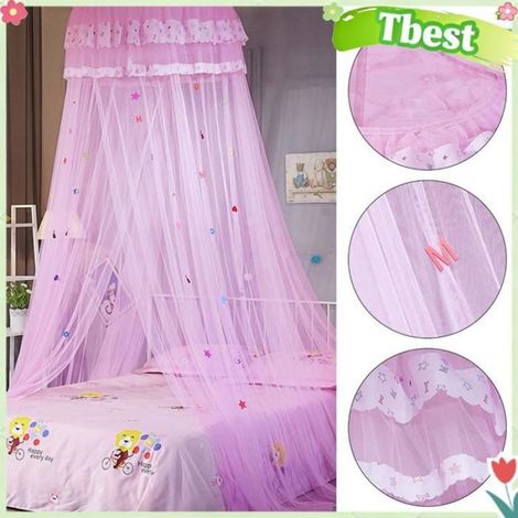 Tbest Rideau de lit pour enfants Rideau de lit moustiquaire de Style princesse en dentelle à baldaquin rond deco moustiquaire Rose (1/4)