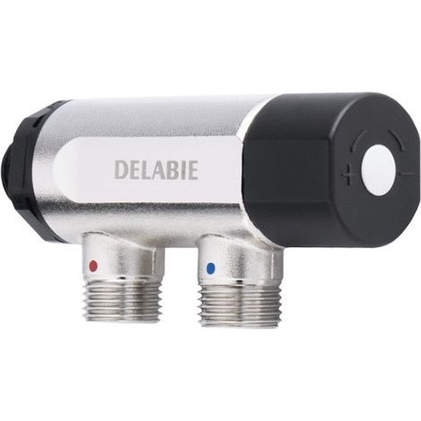 Delabie – Mitigeur thermostatique compact 120mm – Plage de température 30-60°C – Précision ±1,5°C – Sécurité anti-brûlure intégrée – Finition nickelée (1/5)