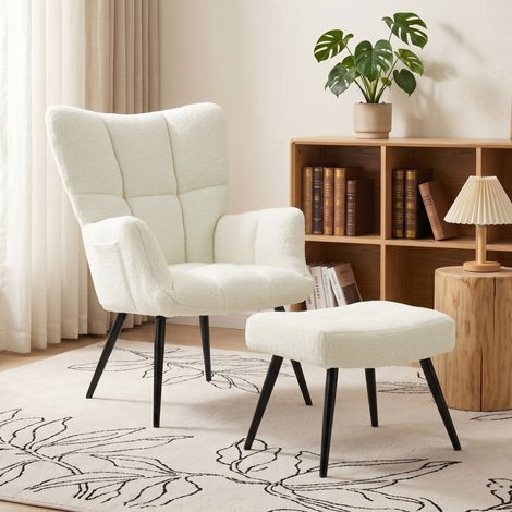 Fauteuil Relax avec Pouf, Siège Capitonné Tissu Teddy Moelleux, Dossier Elevé, Rangement Lateral, Beige (1/5)