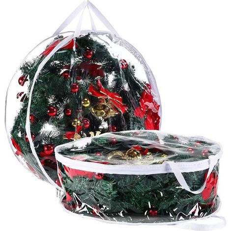 Boîte De Rangement Pour Couronne De Noël - 24 Pouces De Diamètre - Transparente - Fermeture Éclair Double - Poignées Renforcées - Lot De 8 (1/5)