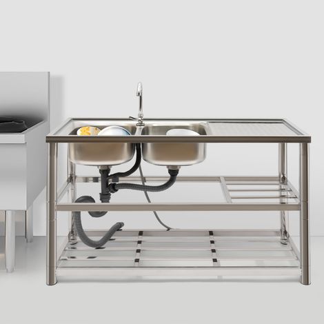 Lavello doppio acciaio inox, lavello doppio professionale con unità scarico e rubinetto (1/5)