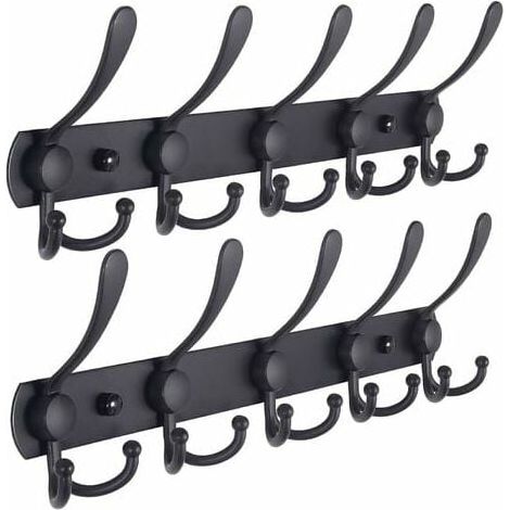 Appendiabiti da parete - 5 ganci tripli, robusto, in acciaio inossidabile, barra porta ganci in metallo per cappotti, asciugamani, borse, accappatoi da ingresso del bagno (nero, 2 confezioni) (1/5)