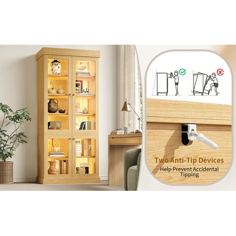 Colonne vitrine marron naturel en MDF avec éclairage LED réglable et dispositif anti-basculement pour salon cuisine et entrée (1/5)