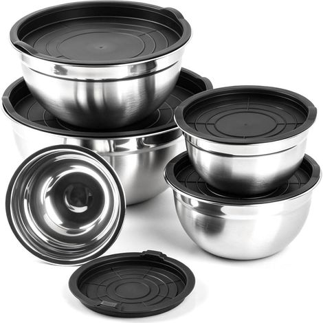 Lot de 5 Bol Inox avec Couvercle,Cul de Poule Inox avec Couvercles Hermétiques,Saladier Inox avec Couvercle Capacités 4,5 2,7 1,6 1,1 et 0,7 Litre,pour Cuisine Préparation, Mélanger