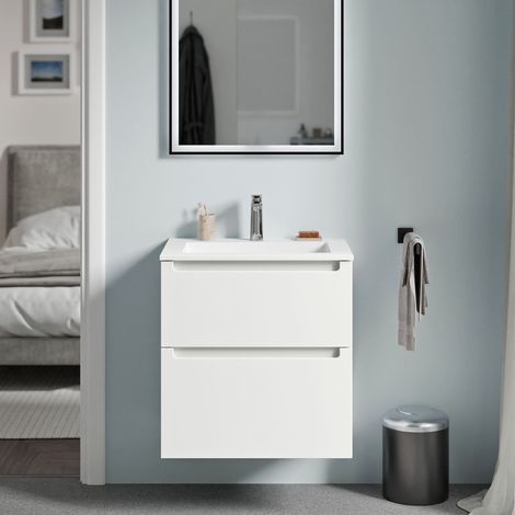 BERNSTEIN - Mueble lavabo suspendido MDF blanco mate, lavabo fundición blanco mate + orificio grifería, cajone giratorio 60x46x62cm VIREO blanco mate, Blanco mate con orificio para grifo.