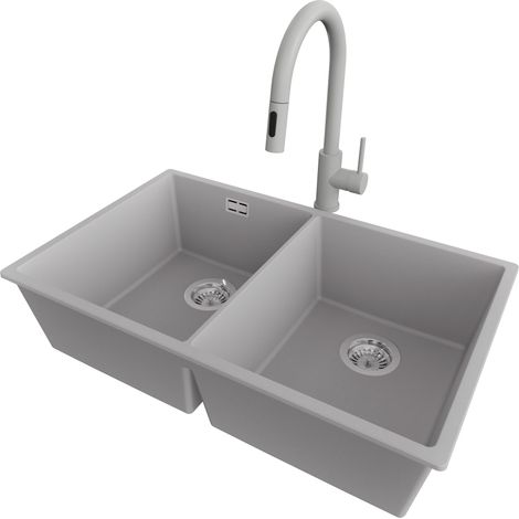PRIMAGRAN Evier Sous Plan 76x47cm,Evier en Granit 2 bacs + Robinet 40x20cm + Kit de Vidage, Évier au meuble 80cm - London Twin, Gris (1/5)