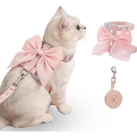 Ensemble harnais et laisse pour chat avec nœud rose (anti-évasion, taille S) — Conception de poitrail en satin doux (1/5)