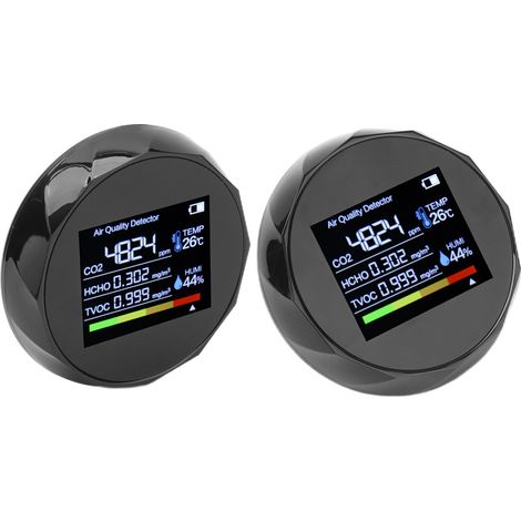 Détecteur de qualité d'air, thermomètre hygromètre TVOC, compteur multifonction numérique, recharge USB (avec batterie intégrée), noir (1/5)