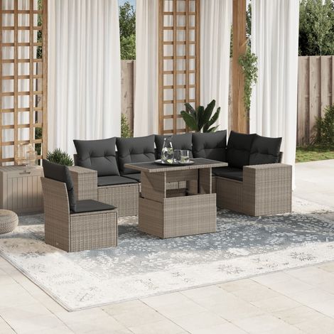 Ensemble Salon Jardin 7 Pièces Gris Clair Résine Tressée avec Table Basse Réglable et Coussins Amovibles (1/5)