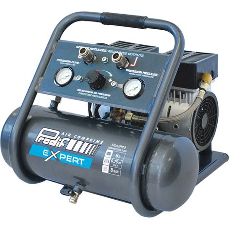 Prodif – Compresseur ultra silencieux 6L – Débit d’air 61 L/min – Pression maximale 8 bars – Moteur bi-cylindre 0,75 CV – SIL6JPRO (1/4)