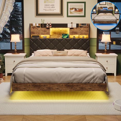 Bett 140x200cm,Floating Bed Frame mit LED-Beleuchtung und USB/Type-C,Polsterbett Doppelbett Jugendbett mit Lattenrost,PU-Gewebe,Schwarz
