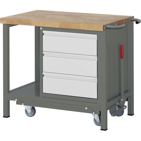 STIER Werkbank Premium, mit abs. Fahrgestell, 3 Schubladen, 100x70x88cm, Stahl & Buche (1/5)