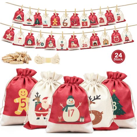 Adventskalender zum Befüllen Stoff Weihnachtskalender 2025 - Adventskalender Säckchen Selber Befüllen 24 Stück, 18 x 13cm Weihnachtskalender Tüten Jutesäckchen für Kinder Mädchen Frauen