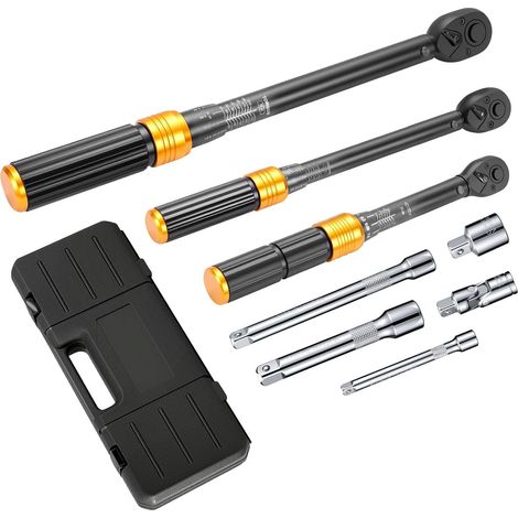 Jeu de 8 Clés Dynamométriques (1/4", 3/8", 1/2"), 72 Dents, Précision ± 3% Avec 3 Rallonges et 2 Adaptateurs - Outil Professionnel pour Vélo, Moto, Voiture (1/5)