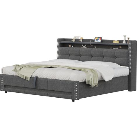 Letto Contenitore 160x200 cm, Letto Matrimoniale con LED, USB, Ripiani e Vano, senza Materasso, Grigio (1/5)