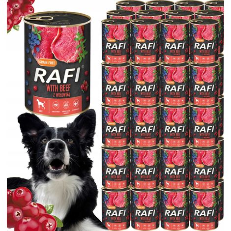 Alimento húmedo para perros RAFI con carne de res, arándanos azules y arándanos rojos 400 g - 48 unidades.