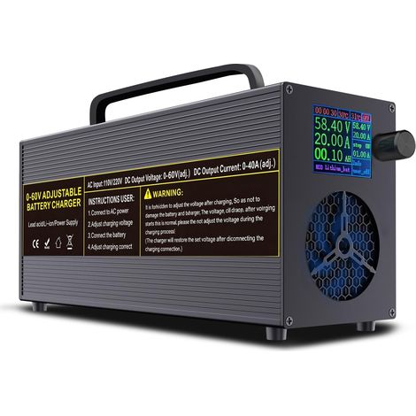 Chargeur de batterie réglable 0-60V 0-40A avec poignée, aussi pour batteries plomb-acide et lithium – Chargeur universel intelligent avec écran couleur, connecteur Anderson et pinces crocodile (1/5)
