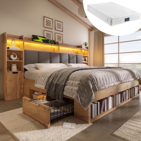 Cama doble 160x200 cm roble en madera y metal con LED, puertos USB y cajones (1/5)