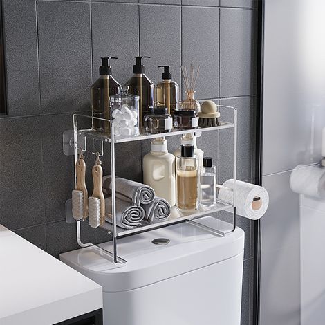 EtagèRe SupéRieure pour Toilettes, Rangement Au-Dessus des Toilettes, éTagèRe à 2 Niveaux pour éConomiser De l'espace avec Étagère Murale au-dessus des Toilettes,451636CM,argent (1/4)