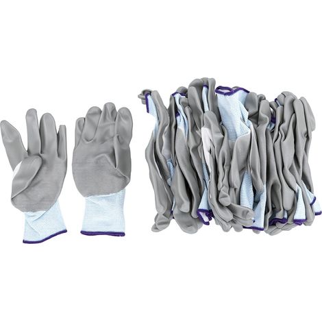 12 paires de gants de travail en nylon tricoté enduit de nitrile, protecteurs, résistants à l'huile et très élastiques, pour la réparation automobile et les travaux de jardinage. Couleur grise. (1/5)