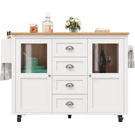 Îlot de cuisine 120×73(45)×93 cm, buffet et meuble de cuisine, desserte extensible sur roulettes avec porte-serviettes, étagère à épices, étagères réglables, deux portes et quatre tiroirs, blanc/noir
