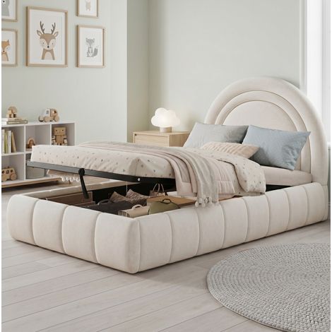 cama infantil con almacenamiento tapizada beige OKMYHOME (1/5)