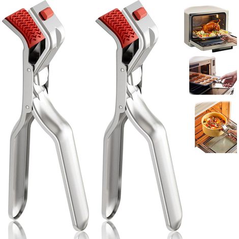 Lot de 2 pinces à assiettes en acier inoxydable — Pinces anti-brûlure pour bols, avec isolation thermique en silicone antidérapant