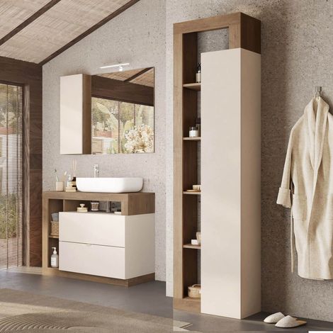 Ensemble meuble vasque 92cm + colonne beige et aspect bois Mercure - ARTURO