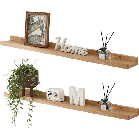 Lot de 2 étagères murales flottantes en chêne Massif, Design Rustique avec Rebord, pour radiateur et Affichage Mural, pour Salon, Cuisine, Chambre, 60 cm (1/5)
