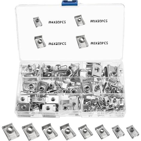 100 pièces de vis à écrou en tôle, M4 M5 M6 M8 en acier inoxydable, type U, assortiment de vis à écrou à clip pour vis de carrosserie automobile, avec boîte de rangement (1/5)
