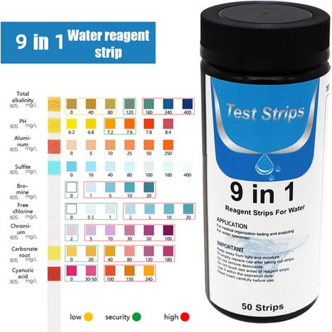 Bandelettes de test d'eau portables 9 en 1 pour piscines et aquariums 50 bandelettes de test rapide de pureté de l'eau domestique pour eau potable, aquariums et piscines. (1/5)