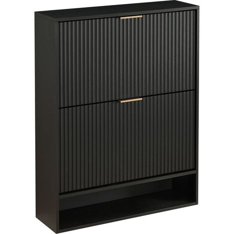 Meuble à chaussures 80 x 24 cm avec façade rainurée – réglable en hauteur avec protection anti-basculement et plateau décoratif pour l’entrée, en noir (1/5)