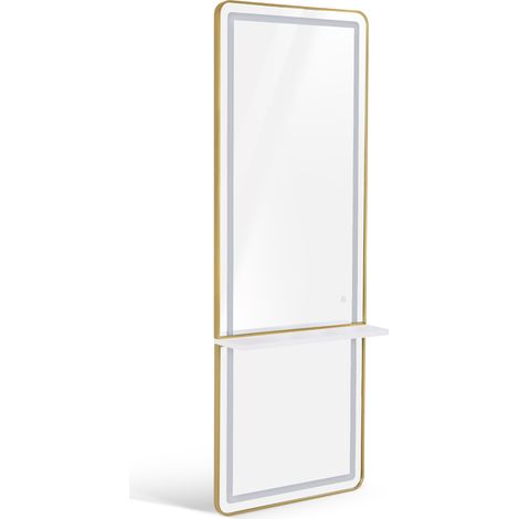 BarberPub Wandspiegel mit Beleuchtung, Ganzkörperspiegel mit Aluminiumrahmen, Großer Spiegel mit Ablage, Touch-Schalter, 3 Lichtfarben Dimmbar, J6271(Weiß-Gold)
